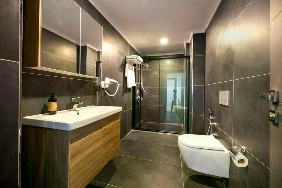 Shower, hair dryer, bathrobes, slippers