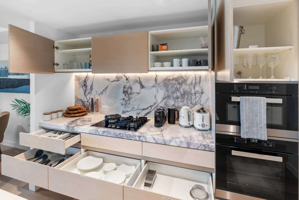 From cookware and cutlery to glassware and essentials, the kitchen is fully equipped for extended stays or relaxed evenings at home.