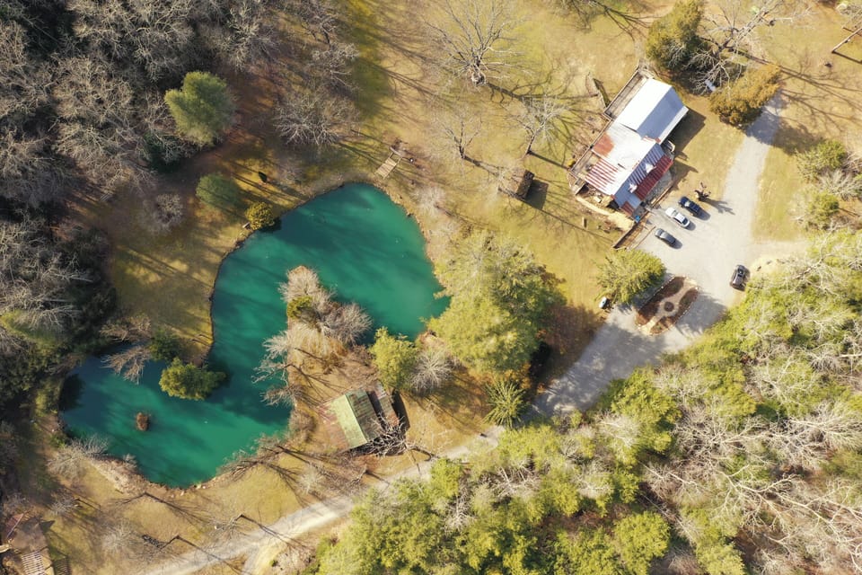 Overhead of the koi pond and cabin area