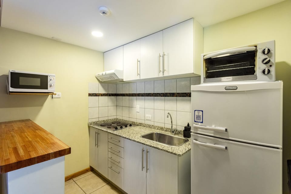 Fridge, microwave, oven, cookware/dishes/utensils