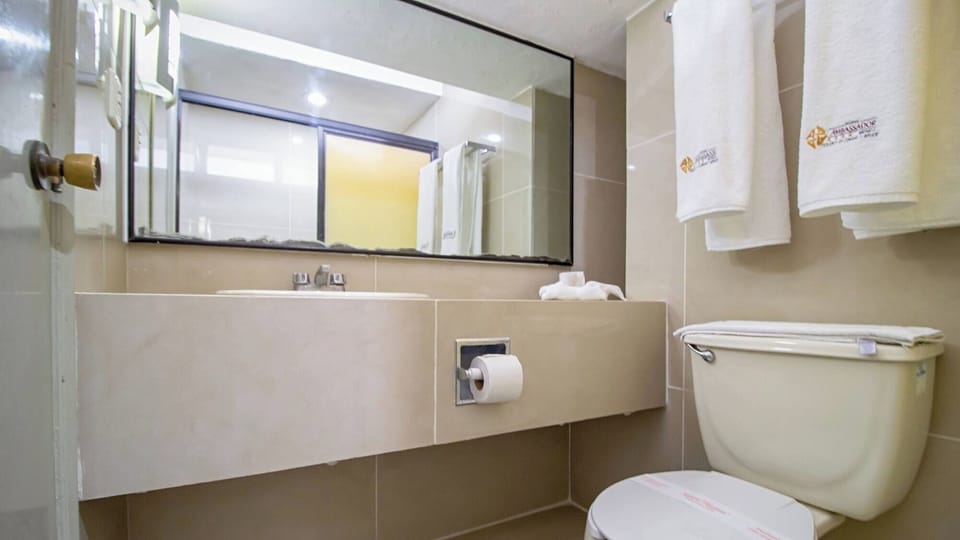 Refresh quickly with clean towels and a bright vanity mirror.