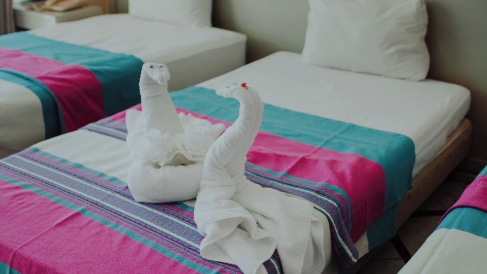 Feel welcomed with playful towel art atop freshly made beds.
