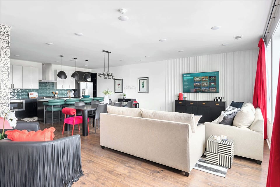 Open-concept flow lets you call out to the kitchen while lounging on the couch, or follow the sound of conversation from room to room, no one gets left behind