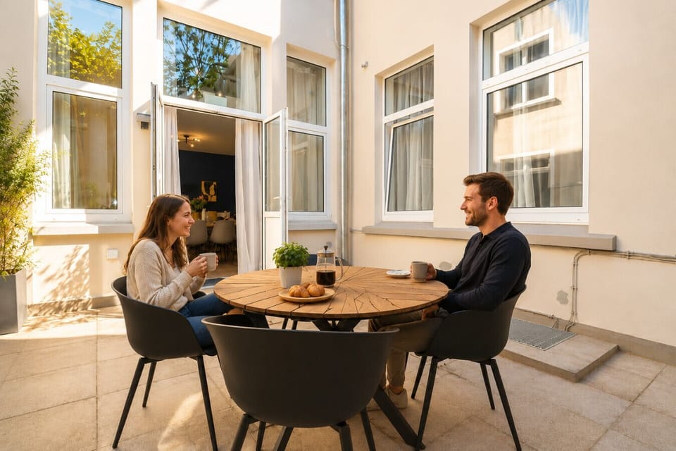 Relax in the inviting outdoor patio area with comfortable seating and a tranquil setting, ideal for dining al fresco, socializing, or unwinding after a day of exploring.
