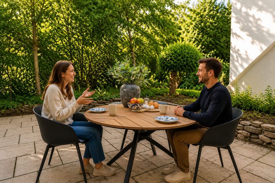 Enjoy the tranquility of this charming garden patio with comfortable seating and beautiful natural surroundings, ideal for unwinding, socializing, or enjoying meals outdoors.