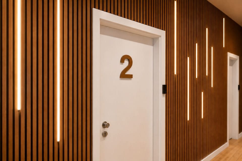 Step into a beautifully designed hallway with sophisticated lighting and modern finishes that create a warm and welcoming first impression.