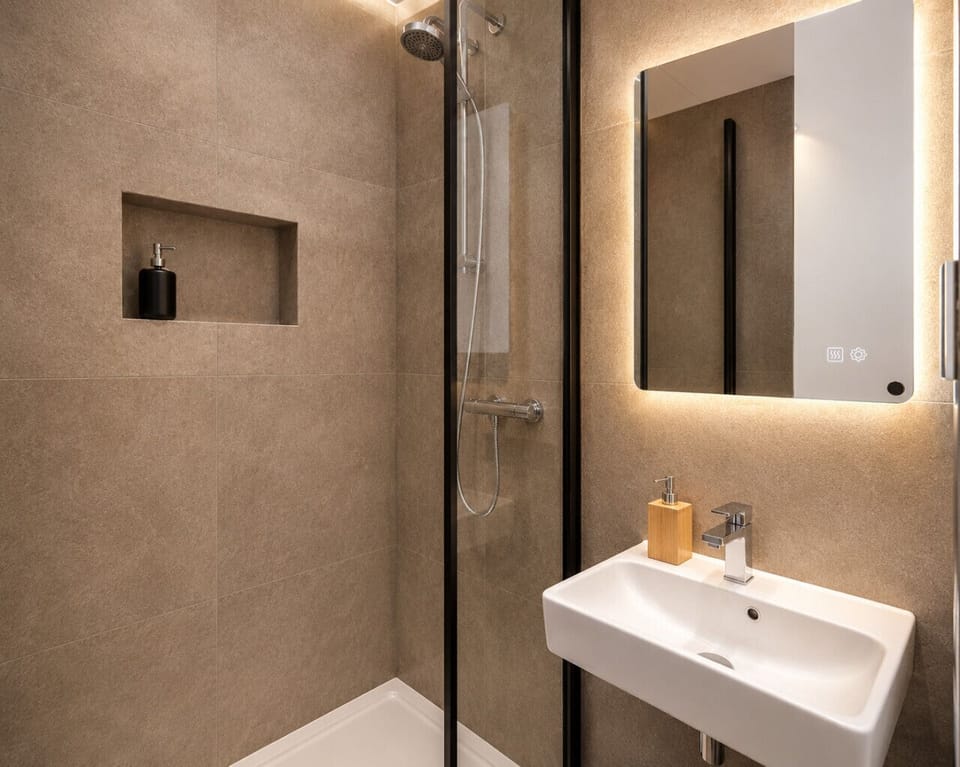 Enjoy a beautifully designed bathroom with a glass-enclosed walk-in shower, modern vanity, ambient lighting, and premium details that add comfort to your stay