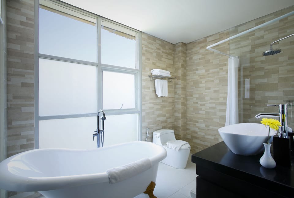 Hair dryer, towels, soap, shampoo