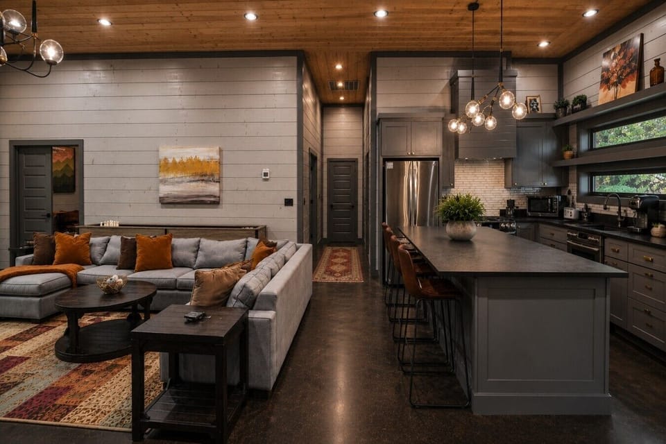 Open-concept living with gourmet kitchen and oversized island