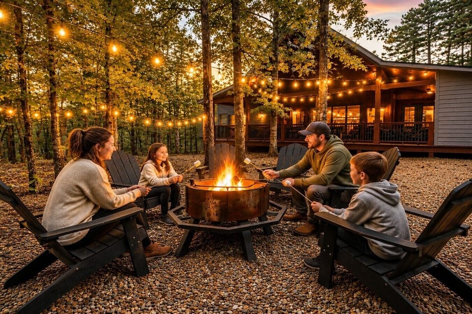 Family fire pit with Adirondack chairs for cozy evenings and s`mores
