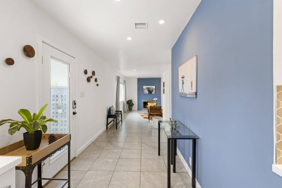 Entry Hall Table Bench into Living Room with Fireplace