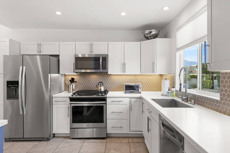 Kitchen Fridge Stove Microwave Toaster Sink Dishwasher with Picture Window
