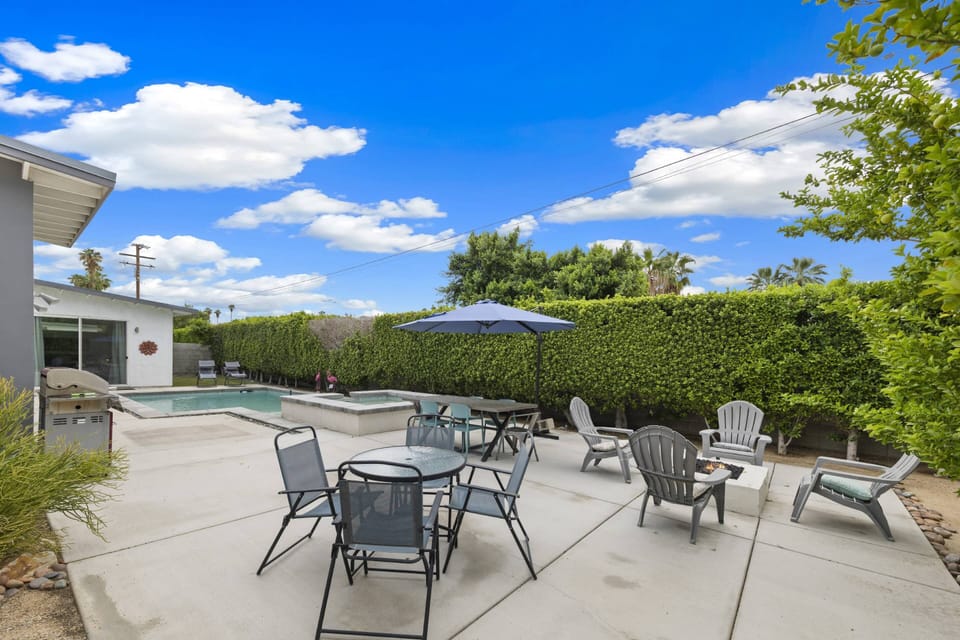 Backyard Pool Spa BBQ Grill Eating Areas Fire Pit Seating Area Loungers