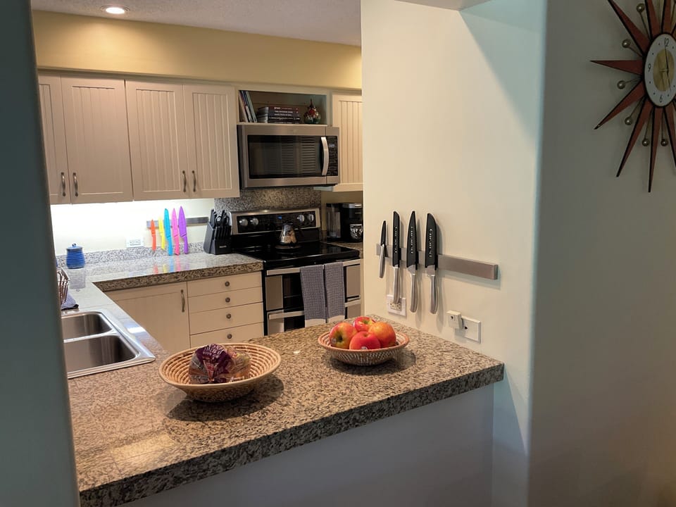 We are fully stocked  with dishes, glasses, pots and pans and utensils.