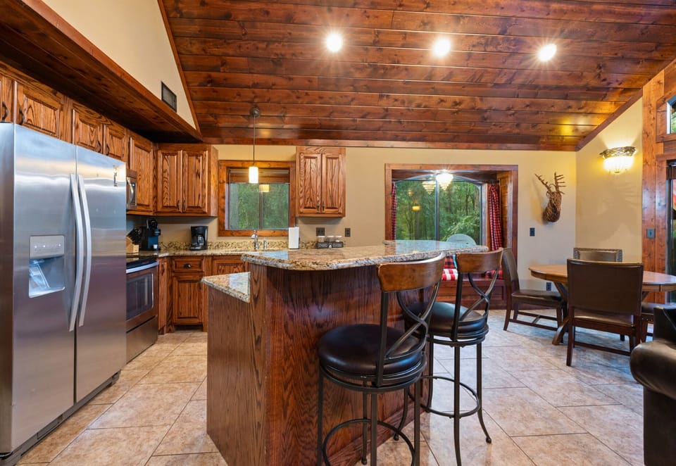 Granite counters and a big kitchen—perfect for group meals.