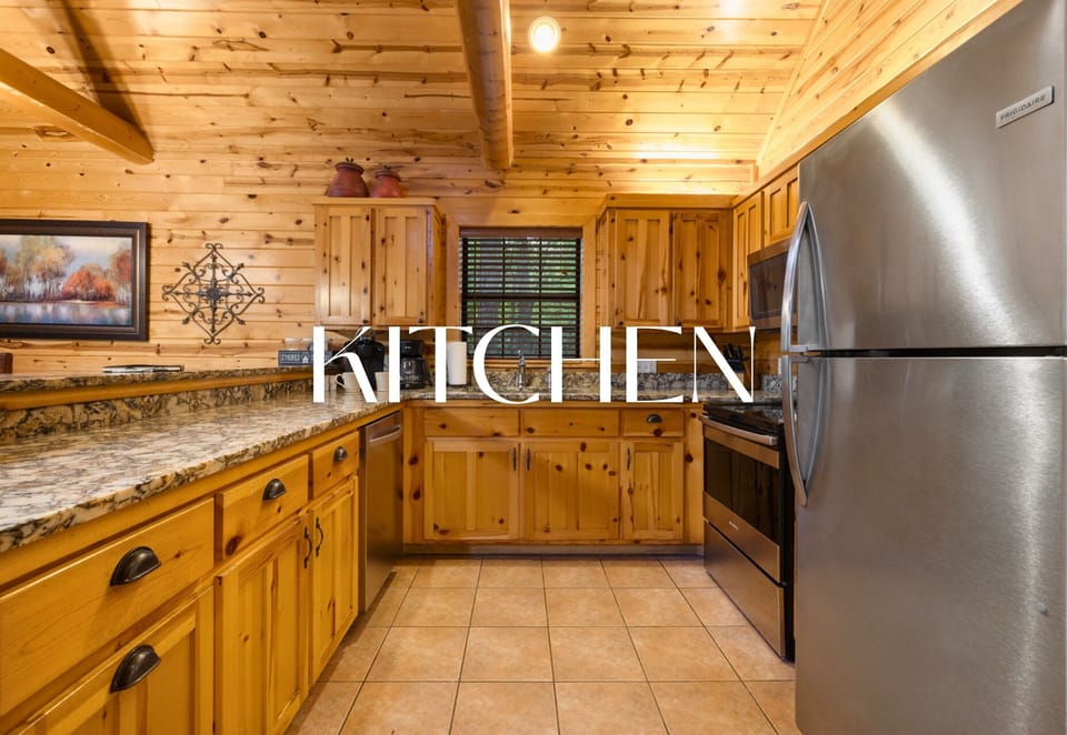 Rustic kitchen with modern appliances for home-cooked meals.