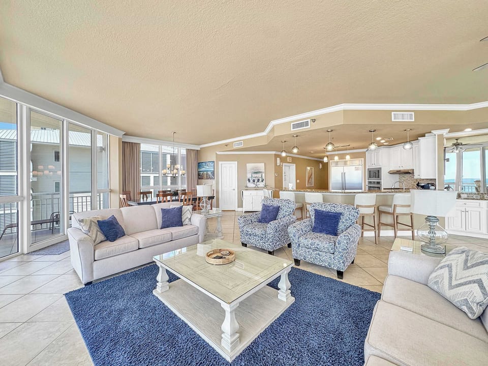 Bright living area with ocean views, Smart TV, and 2 sofa sleepers