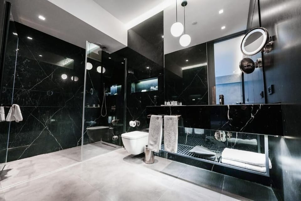 Shower, rainfall showerhead, designer toiletries, hair dryer