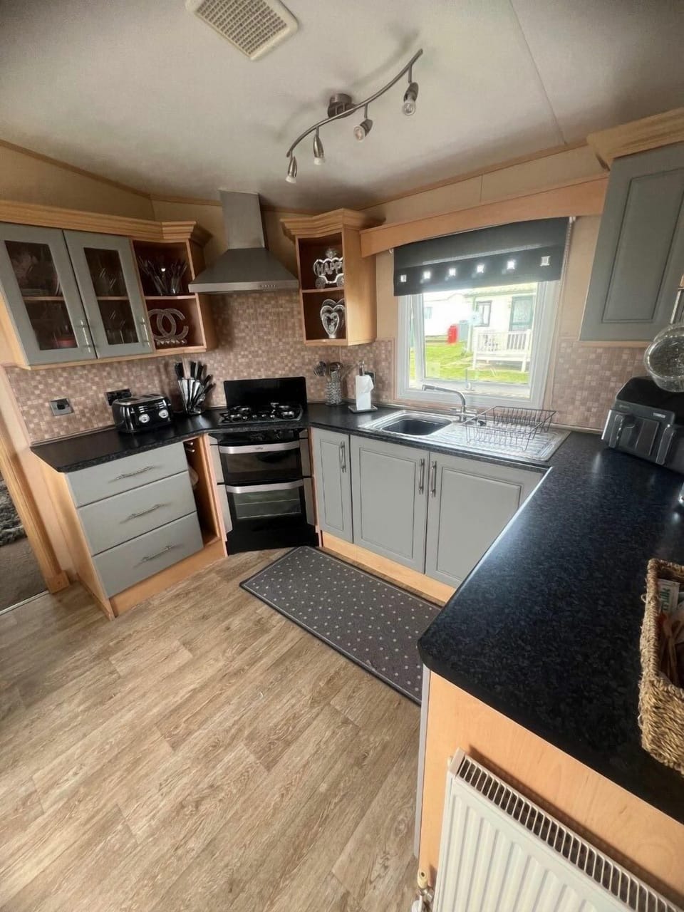 Fridge, microwave, toaster, cookware/dishes/utensils