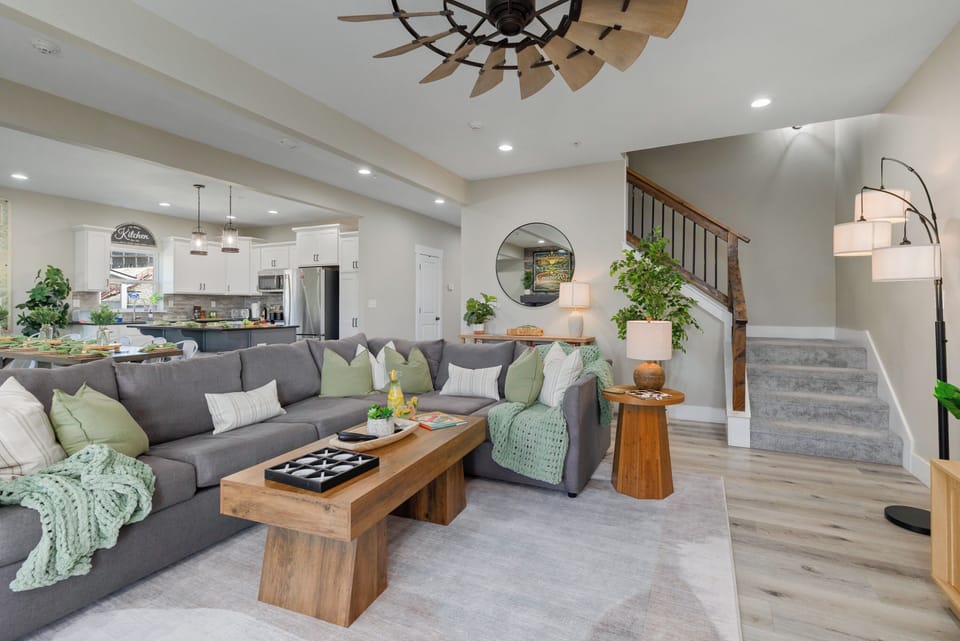 The open floor plan and deck are great for a larger group to spread out.
