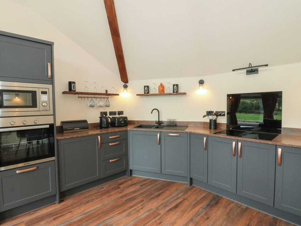 Fridge, microwave, dishwasher, cookware/dishes/utensils