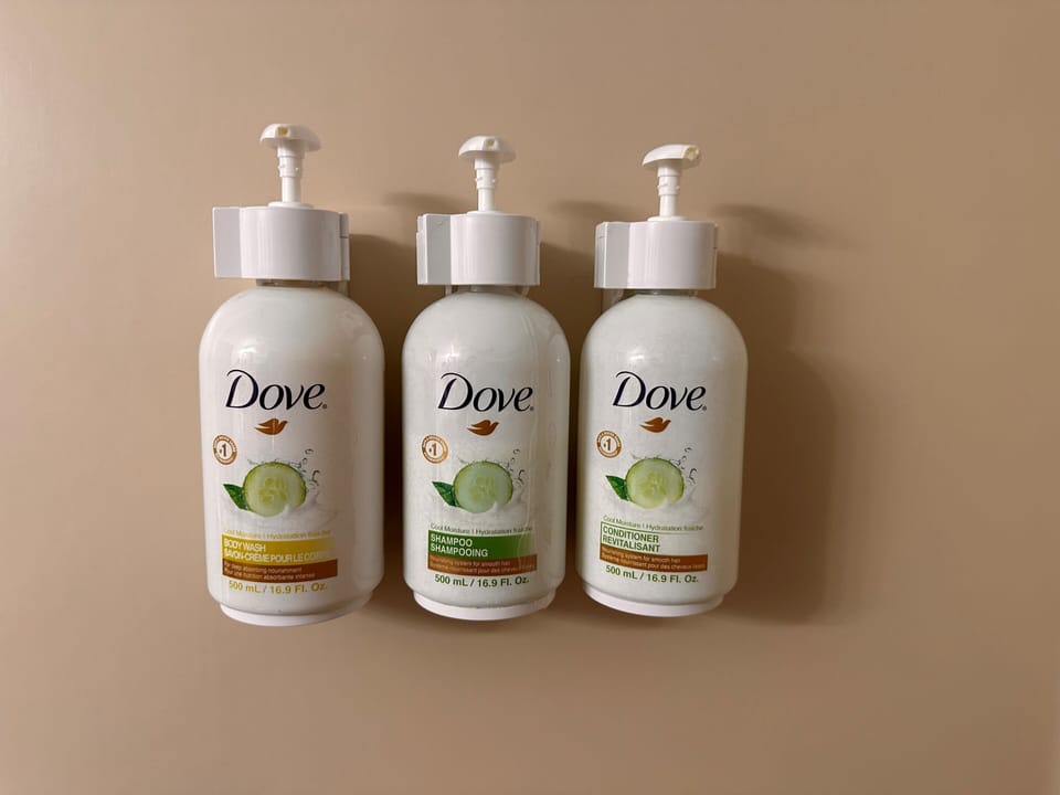 Combined shower/tub, free toiletries, hair dryer, towels