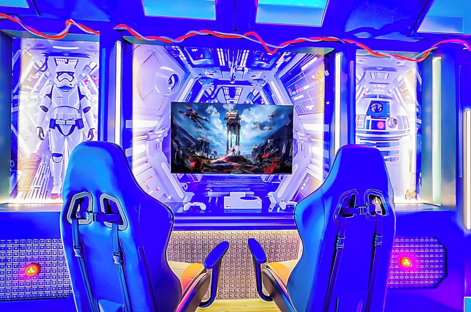 Gaming chairs and arcade lights