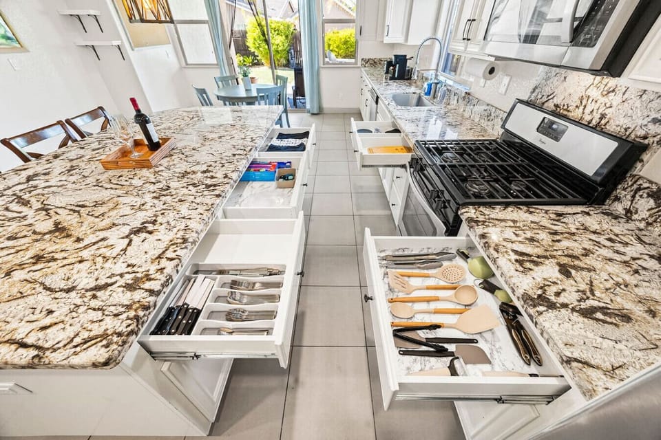 Everything you need for cooking and dining is neatly organized and ready.