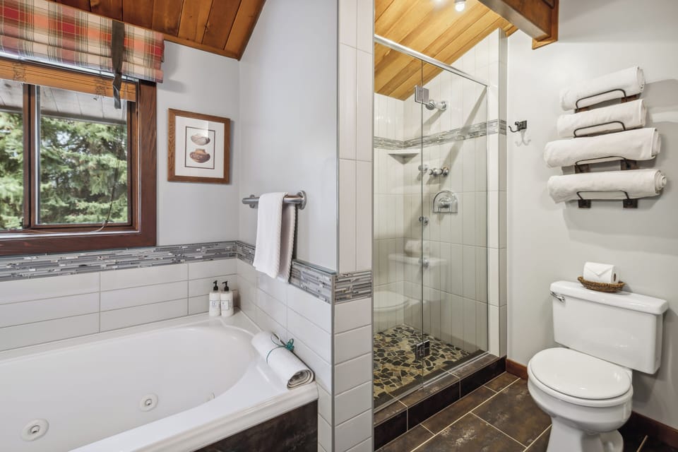Separate tub and shower, jetted tub, hydromassage showerhead, hair dryer