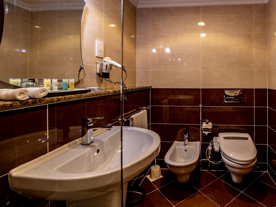 Combined shower/tub, deep soaking tub, free toiletries, hair dryer