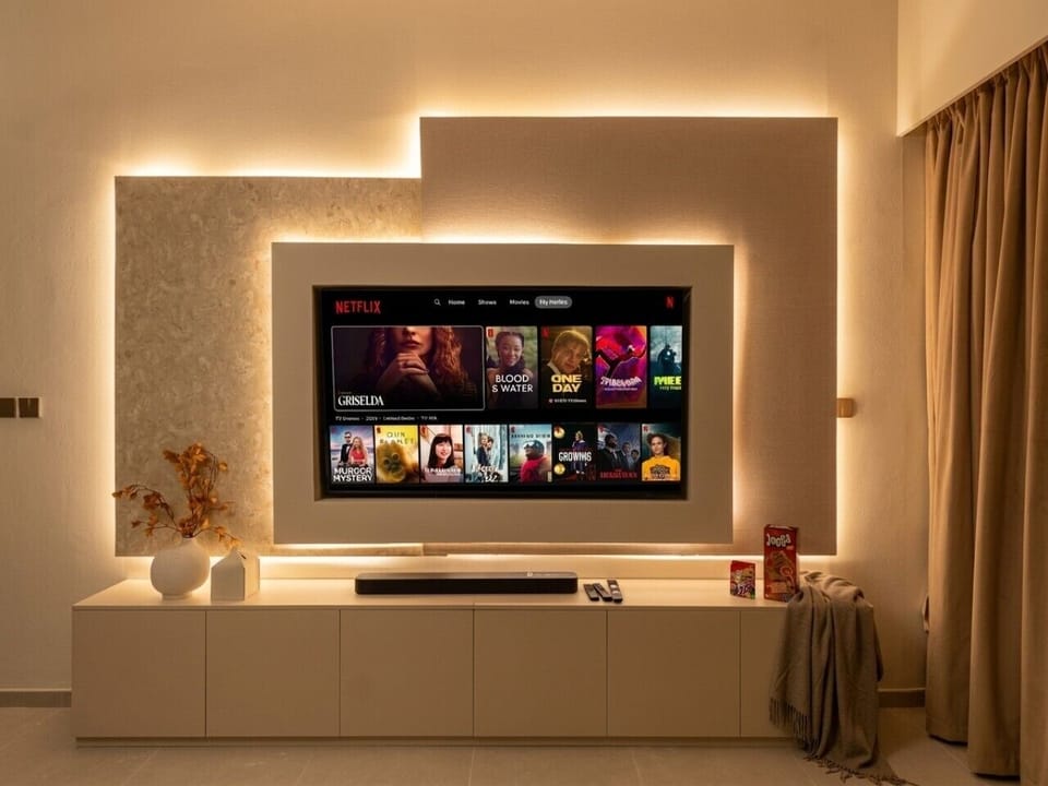 Living Room Netflix Smart TV Stone Feature Wall Close Up