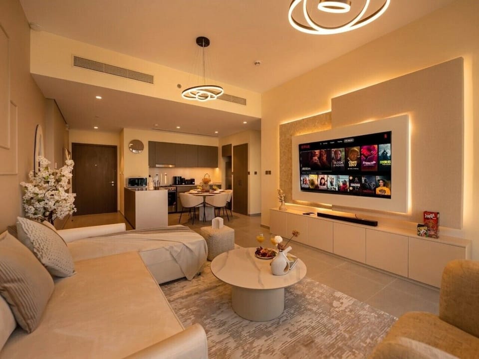 Open Plan Living Room Netflix Smart TV Kitchen and Dining Area Night View