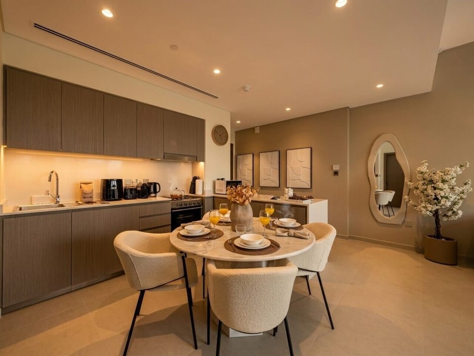 Dining Table Set for Four with Orange Juice Kitchen and Organic Mirror