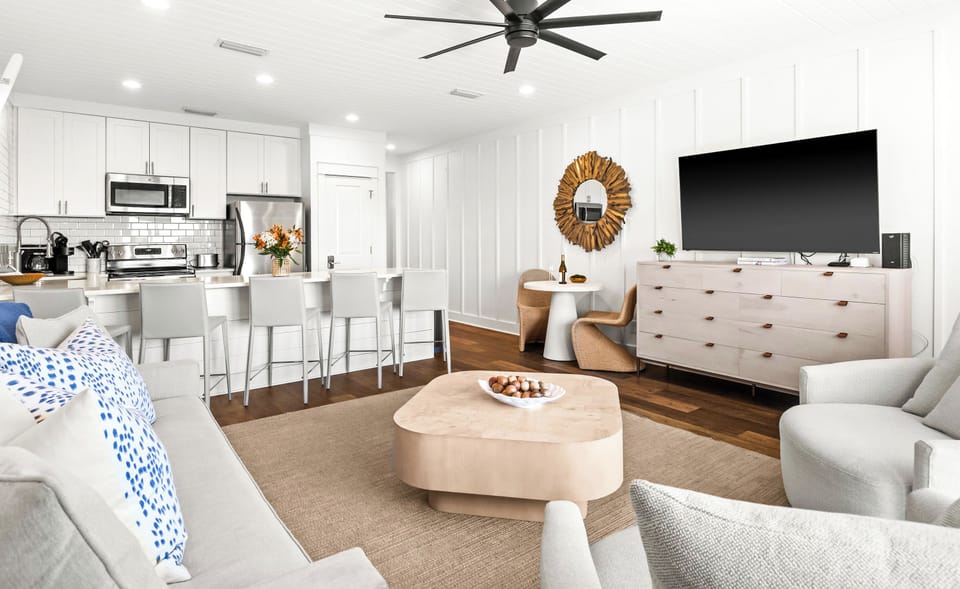 The sofa offers additional sleeping for 2 guests