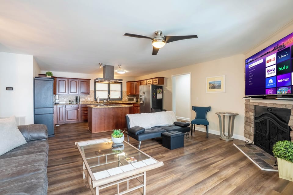 Open concept living room and kitchen. 