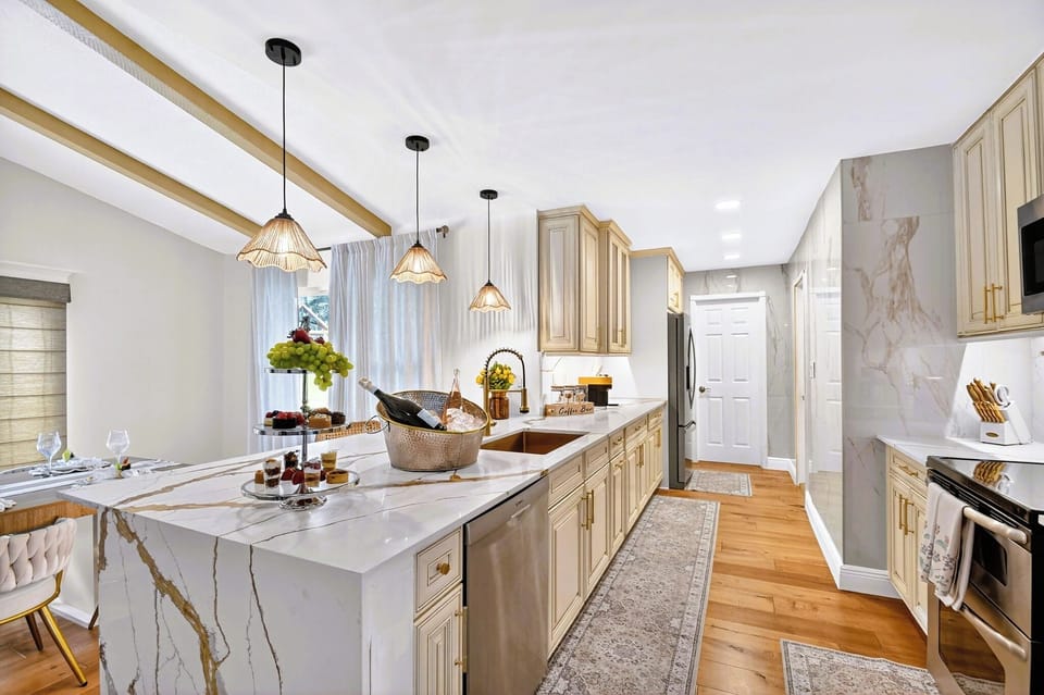 Open concept kitchen fully stocked cookware