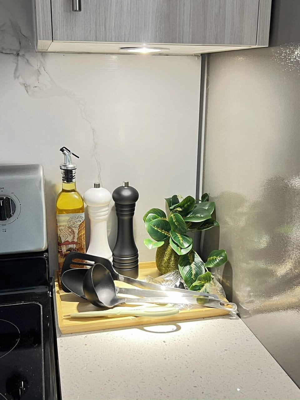 Full-size fridge, microwave, oven, stovetop