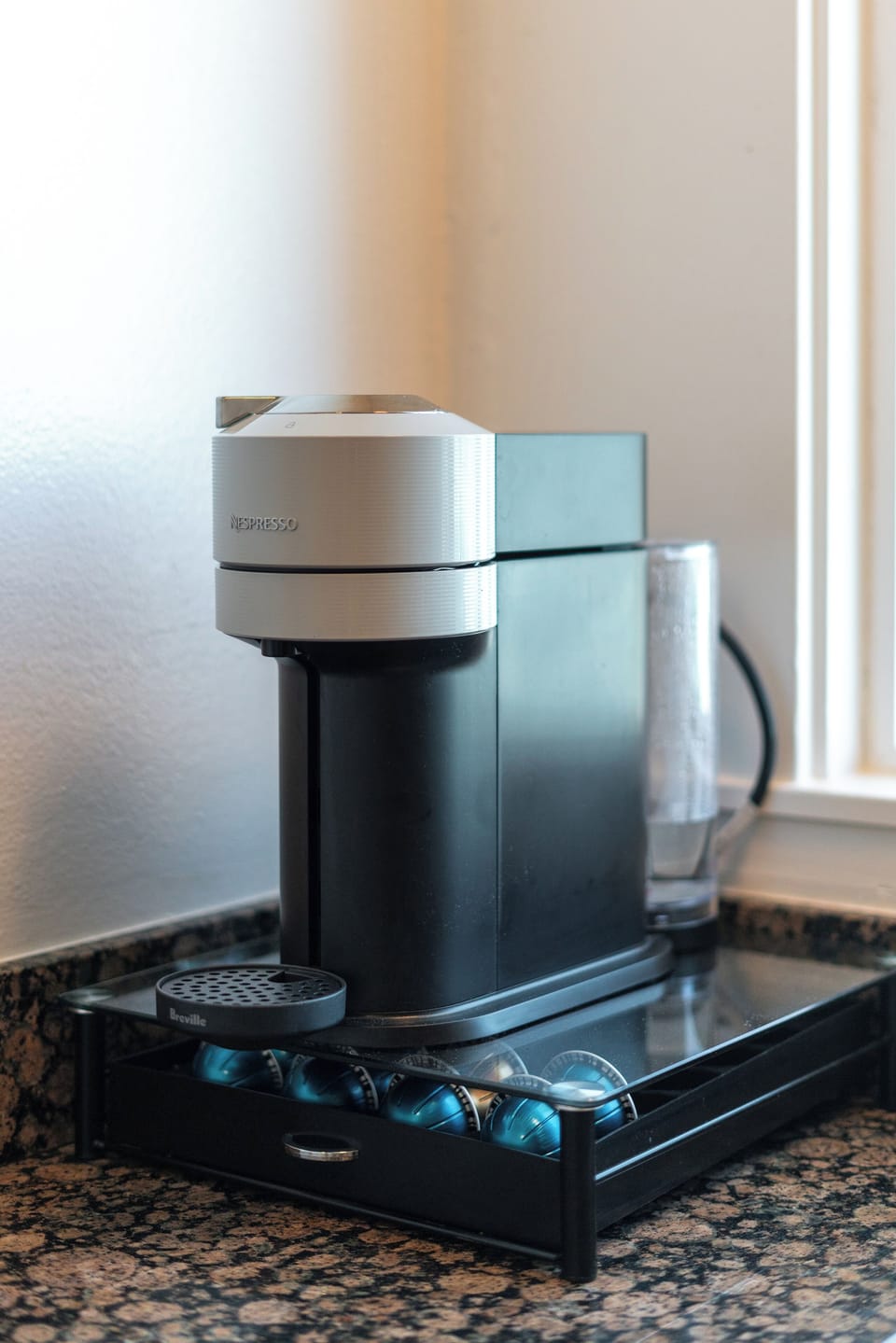 Enjoy a perfect espresso from the Nespresso station.