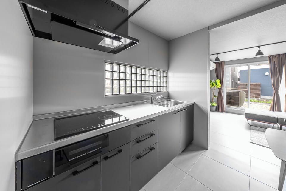 Fridge, microwave, stovetop, electric kettle