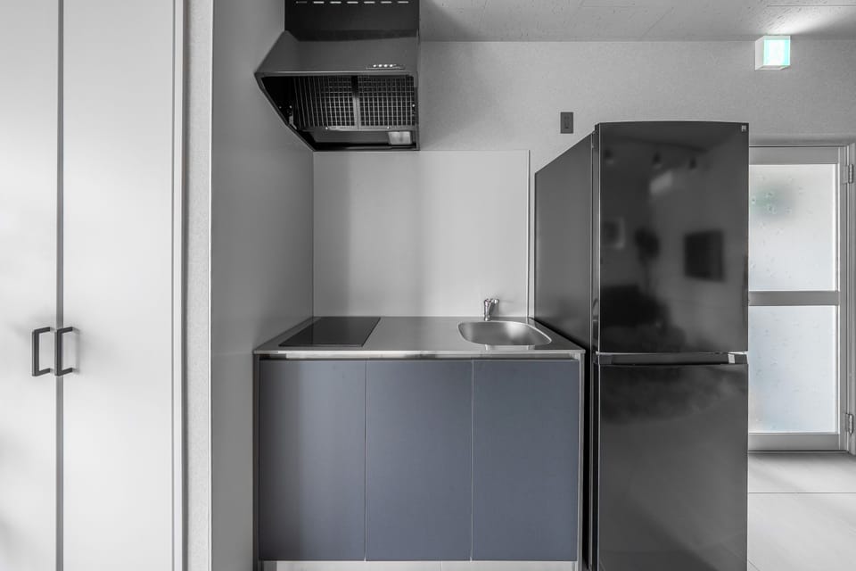 Fridge, microwave, stovetop, electric kettle
