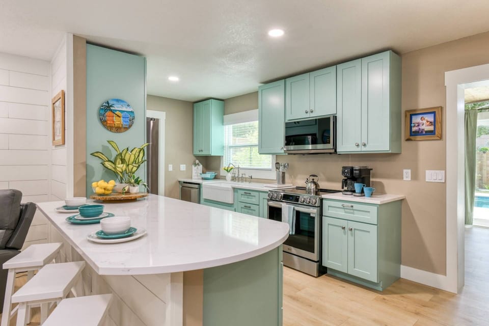 The gourmet kitchen is stocked with everything you need to prepare your favorite foods and drinks.