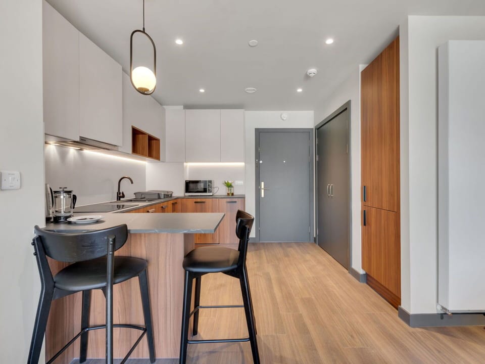 Interior Design, Furniture, Flooring, Countertop, Wood, Floor, Kitchen, Ceiling, Cabinetry, Room