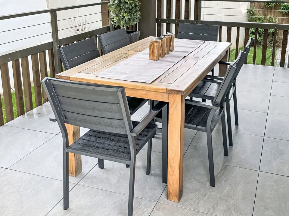 Wood, Furniture, Outdoor Furniture, Table, Outdoor Table, Hardwood, Plank, Wood Stain, Chair, Design