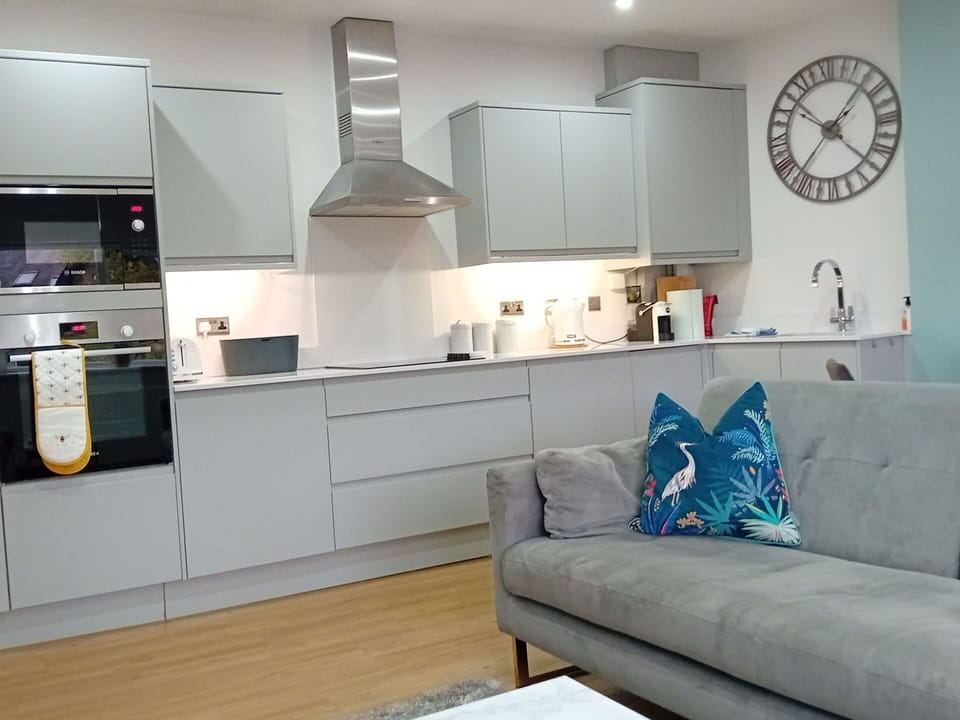 Flooring, Interior Design, Kitchen, Kitchen Appliance, Cabinetry, Countertop, Major Appliance, Furniture, Floor, Ceiling