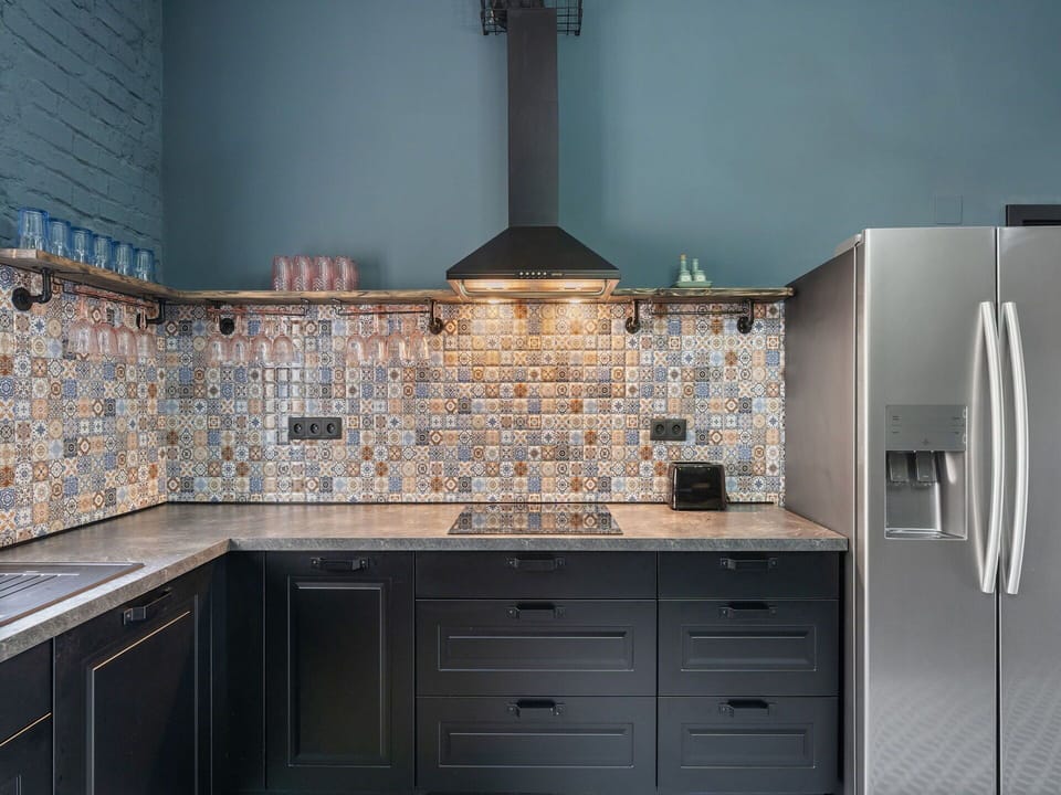 Kitchen, Countertop, Cabinetry, Interior Design, Flooring, Brown, Floor, Tile, Light Fixture, Cupboard
