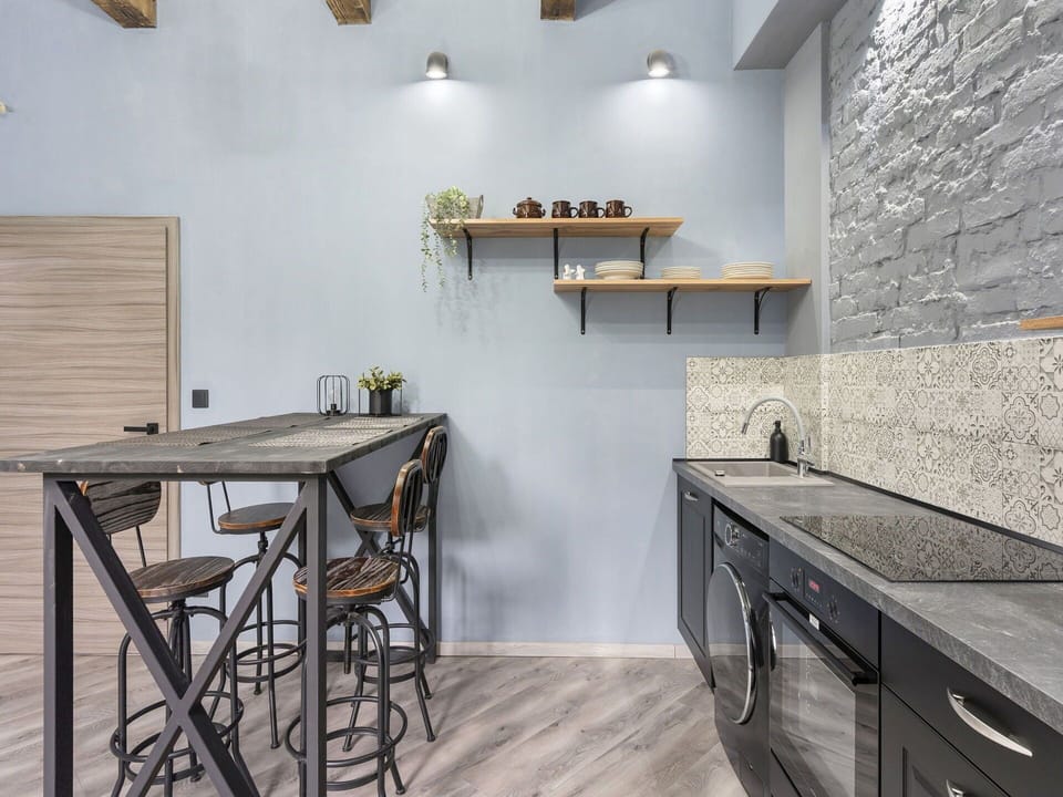 Furniture, Interior Design, Flooring, Wood, Floor, Kitchen, Countertop, Home, Lighting, Ceiling