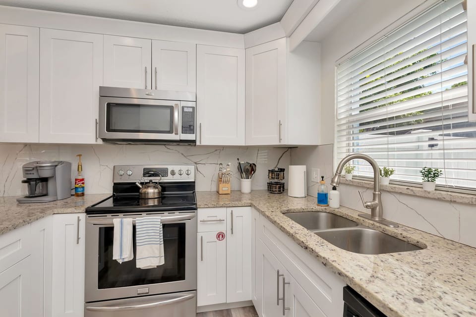 the kitchen has everything you need for a home meal at your home away from home!