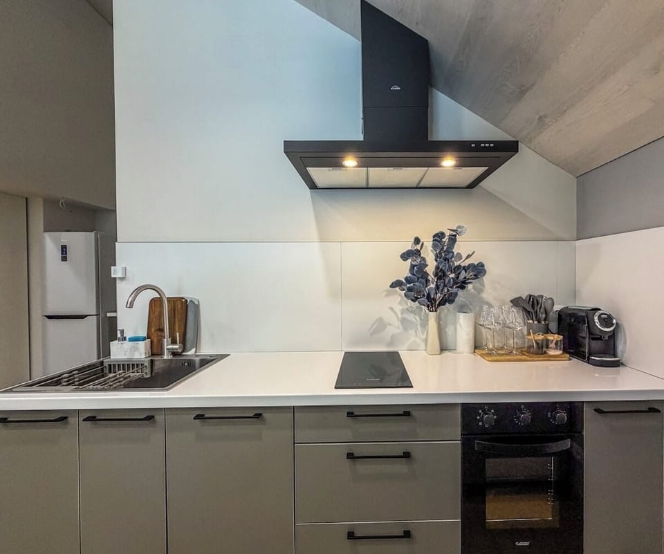 Espresso maker, fridge, microwave, stovetop