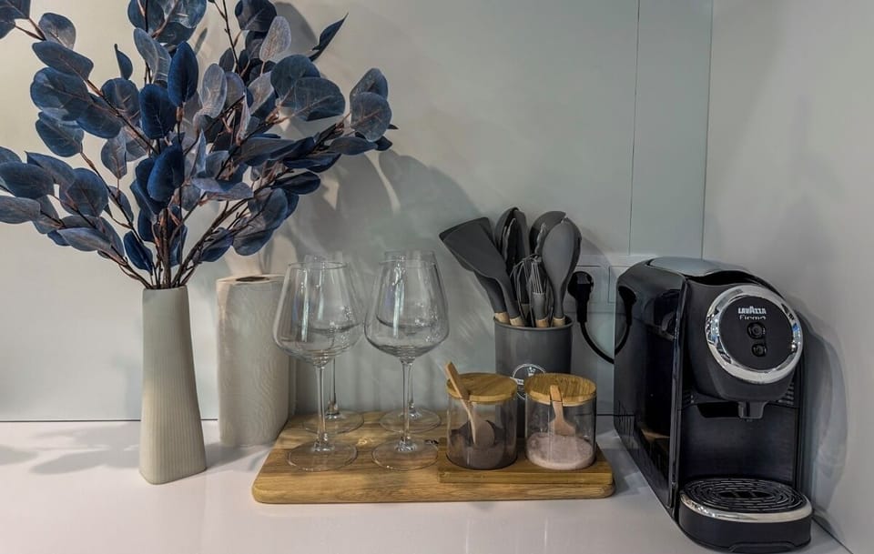 Espresso maker, fridge, microwave, stovetop