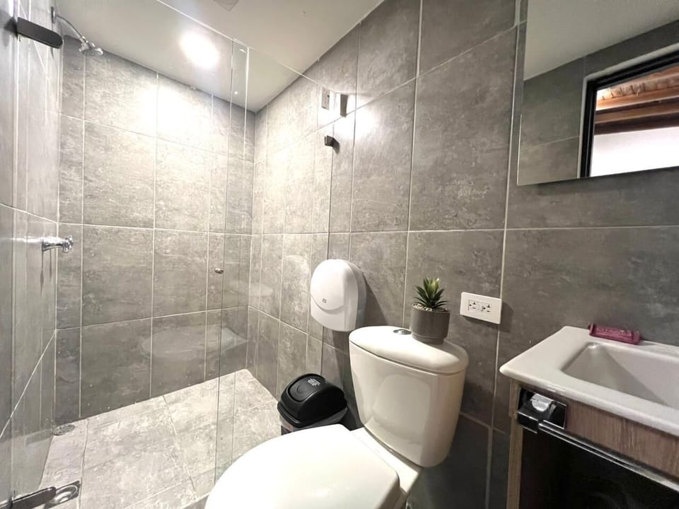 Shower, towels, soap, toilet paper